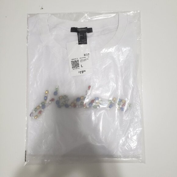 NWT Forever 21 Faux Gem J'adore Graphic Tee in White Size Large - Picture 2 of 7
